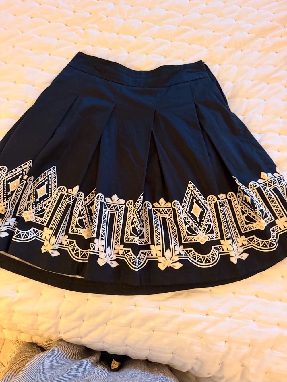 White House Black Market Black Skater Skirt with White Embroidered Hem